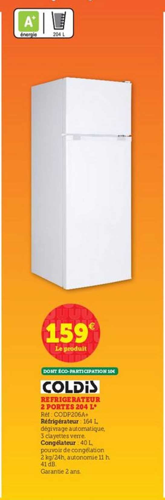 réfrigérateur 2 portes 204 l coldis