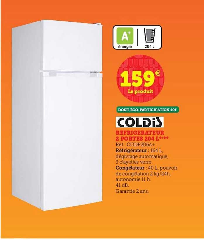 réfrigérateur 2 portes 204 l coldis