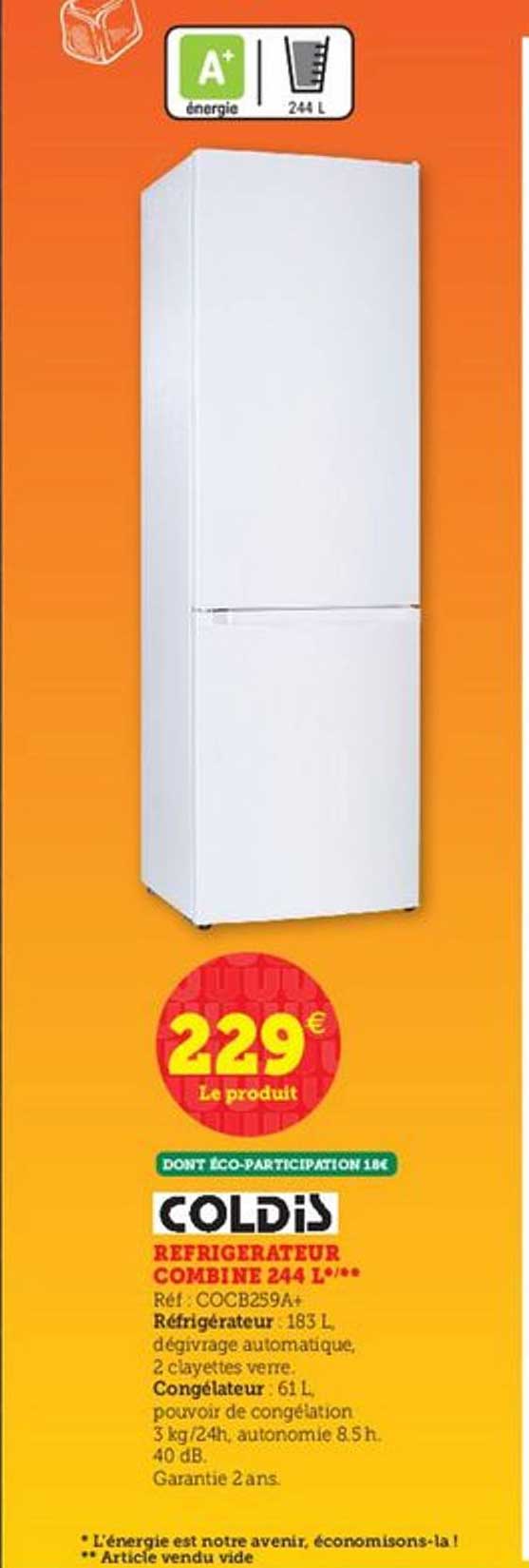 réfrigérateur combiné 244 l coldis