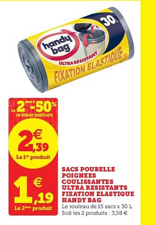 sacs poubelle poignées coulissantes ultra résistants fixation élastique handy bag