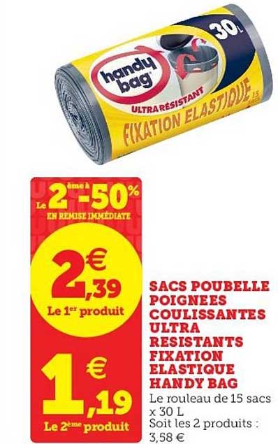 sacs poubelle poignées coulissantes ultra résistants fixation élastique handy bag