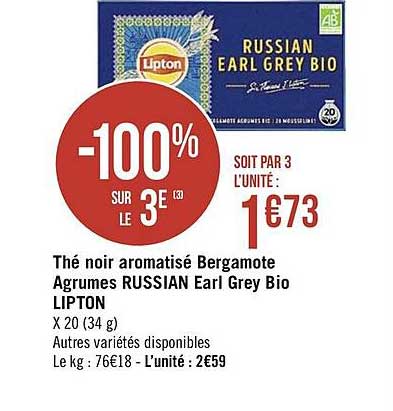 thé noir aromatisé bergamote agrumes russian earl grey bio lipton