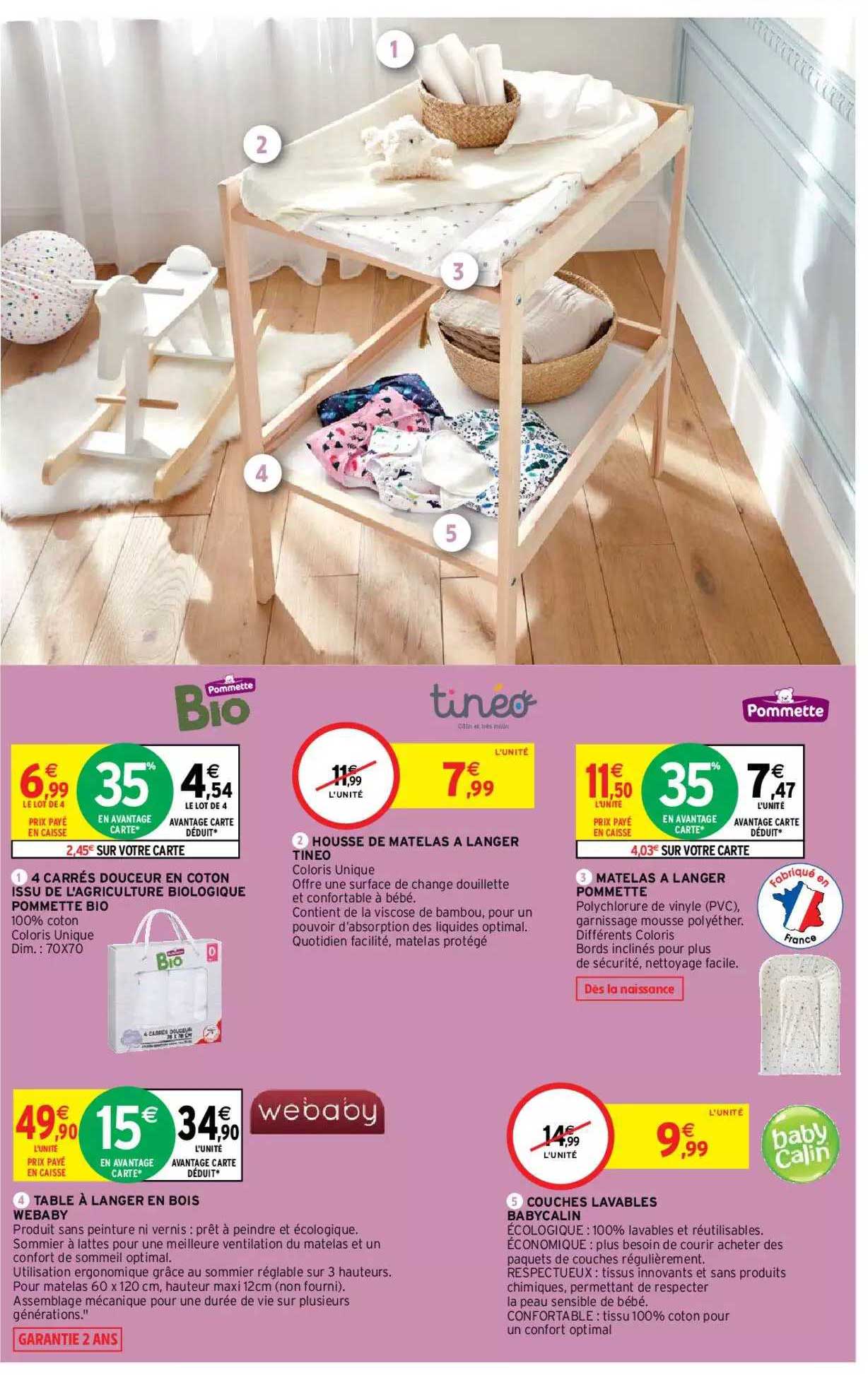 4 carrés douceur de coton issus de l'agriculture biologique pommette bio, housse de matelas à langer théo, matelas à langer pommette, table à langer en bois webaby, couches lavables babycalin