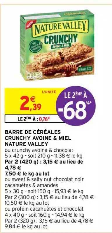 barre de céréales crunchy avoine & miel nature valley