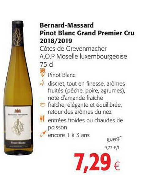 bernard-massard pinot blanc grand permier cru 2018-2019 côtes de grevenmacher a.o.p. moselle luxembourgeoise