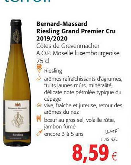bernard-massard riesling grand premier cru 2019-2020 côtes de grevenmacher a.o.p. moselle luxembourgeoise