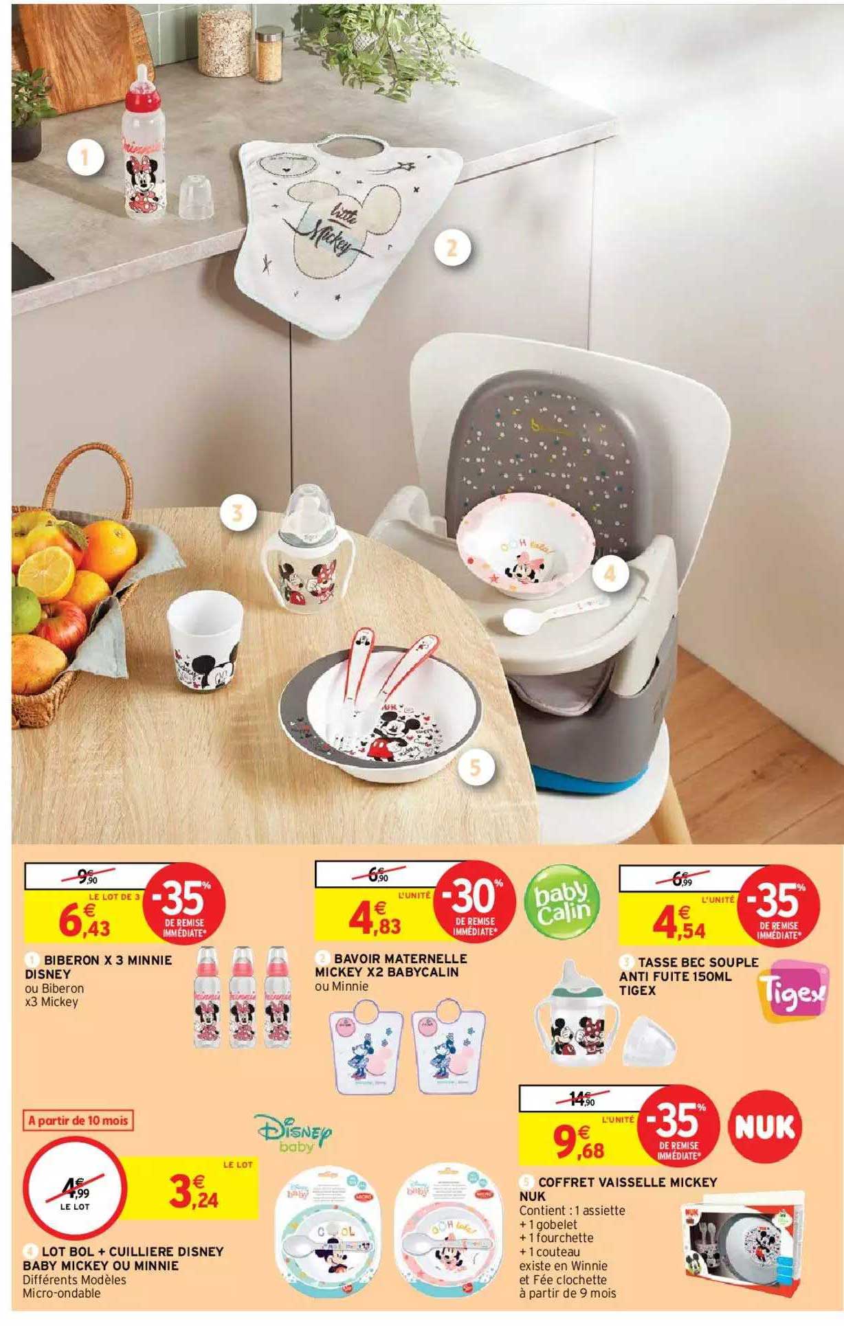 biberon x3 minnie disney, bavoir maternelle mickey x2 babycalin, tasse bec souple anti fuite 150ml tigex, lot bol + cuillère disney baby mickey ou minnie, coffret mickey nuk