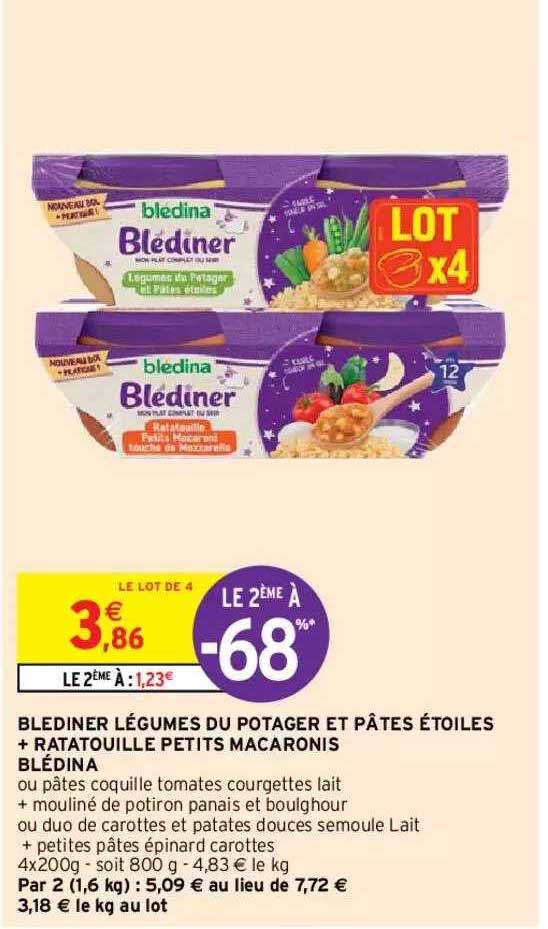 blédiner légumes du potager et pâtes étoiles + ratatouille petits macaronis blédina