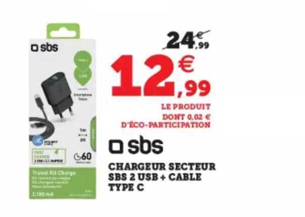 chargeur secteur sbs 2 usb + câble type c sbs