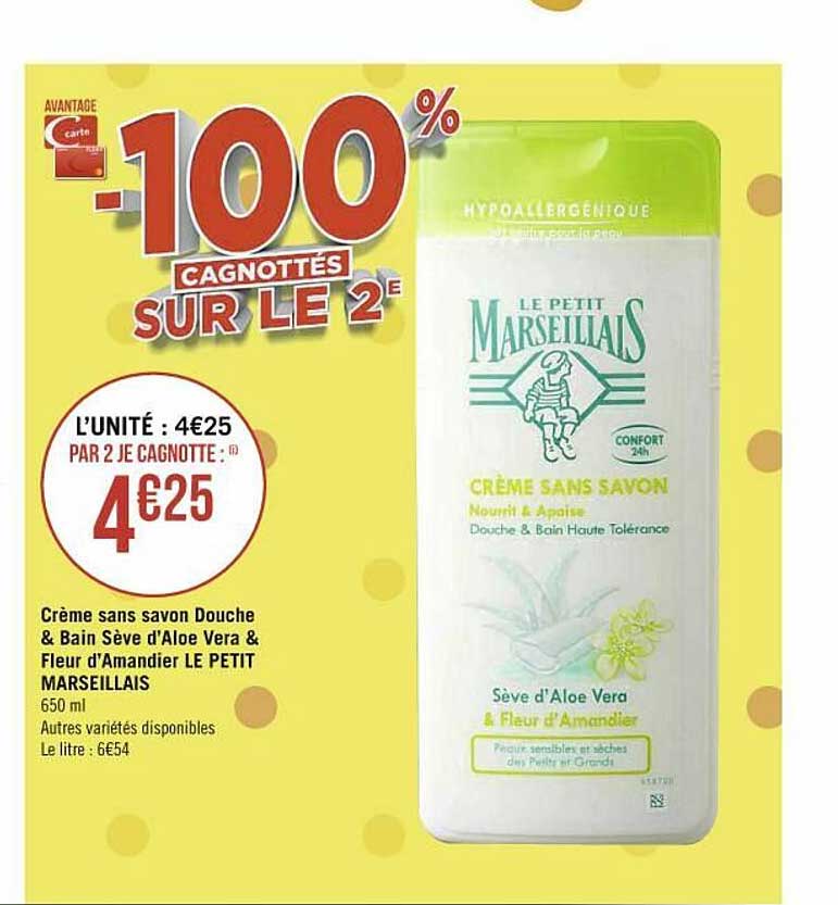 crème sans savon douche & bain sève d'aloé vera & fleur d'amandier le petit marseillais