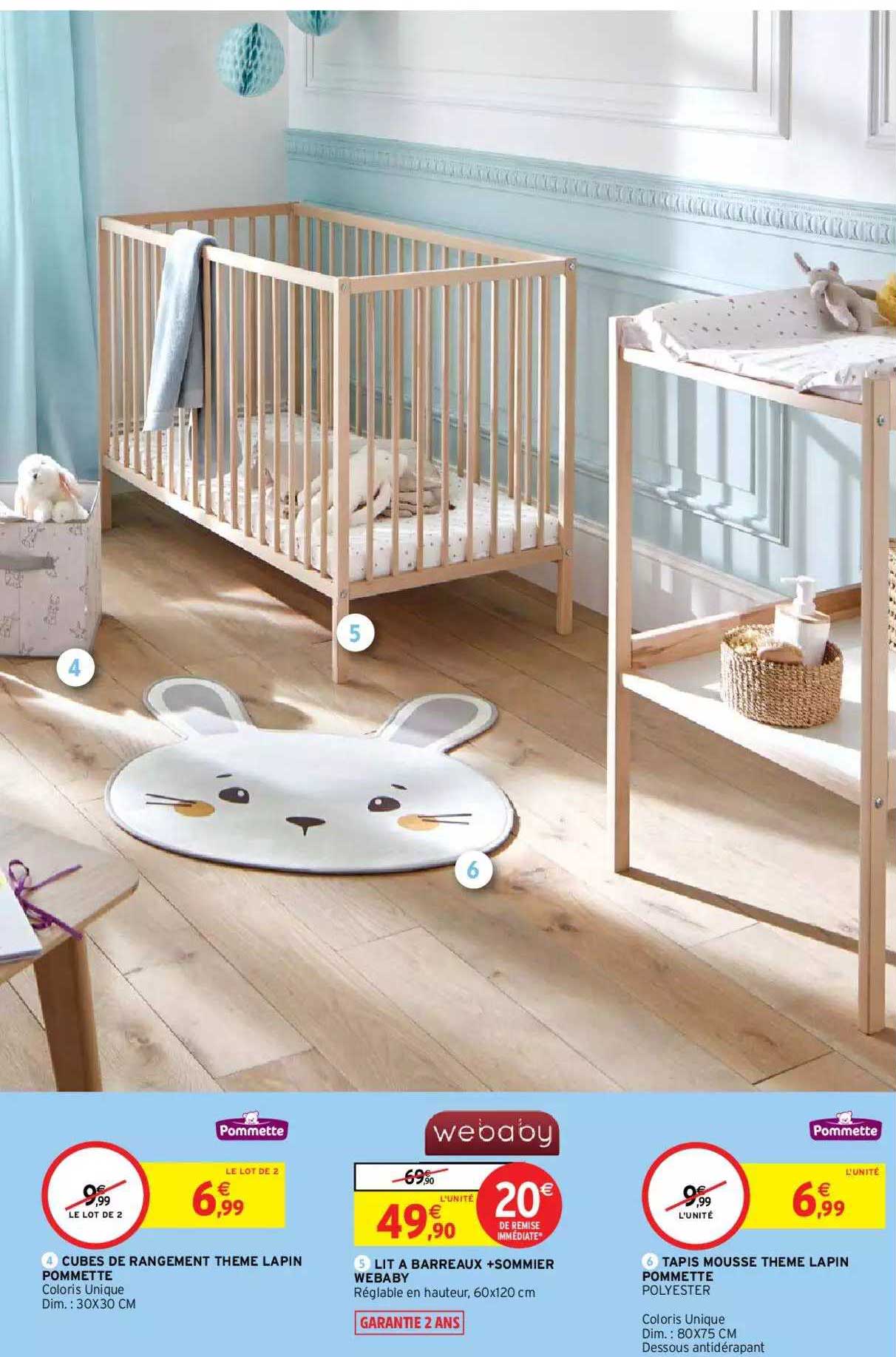 Cubes De Rangement Thème Lapin Pommette, Lit à Barreaux + Sommier Webaby, Tapis Mousse Thème Lapin Pommette