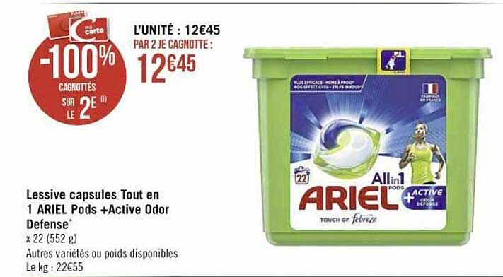 lessive capsules tout en 1 ariel pods + active odor defense