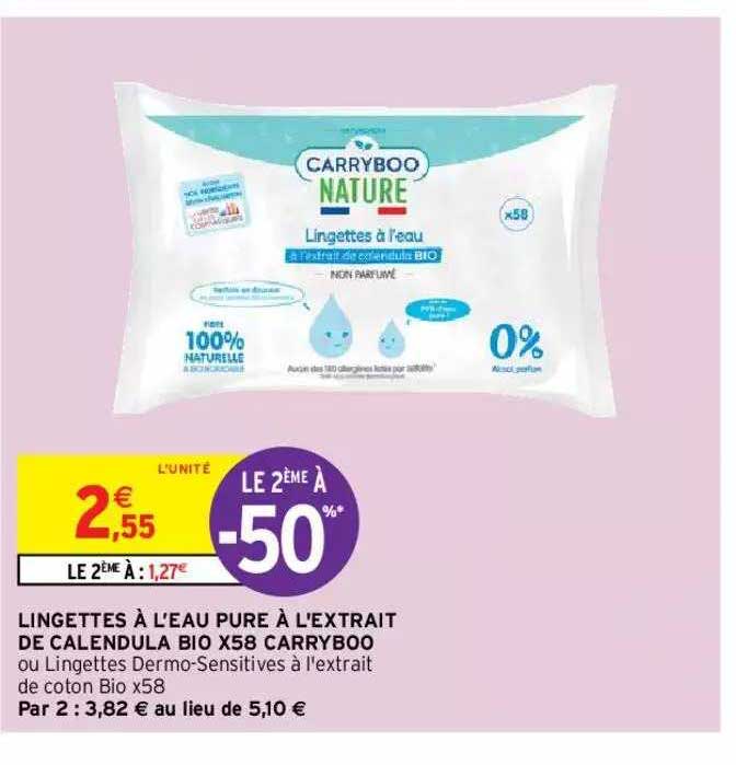 lingettes à l'eau pure à l'extrait de calendula bio x58 carryboo
