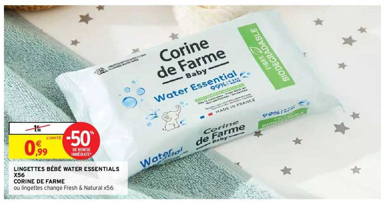 lingettes bébé water essentials x56 corine de farme