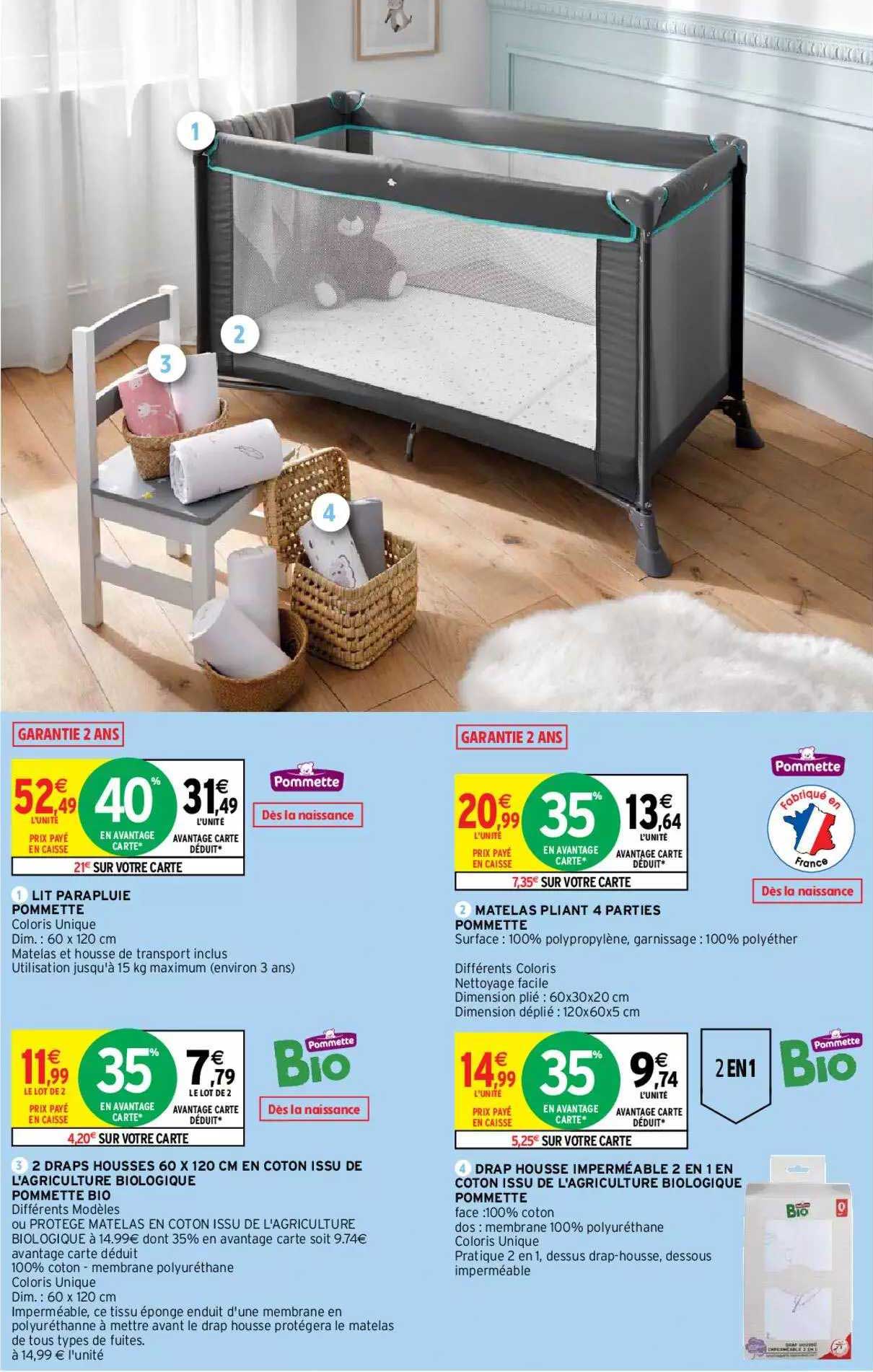 lit parapluie pommette, matelas pliant 4 parties pommette, 2 draps housses 60 x 120 cm en coton issu de l'agriculture biologique pommette bio, drap housse imperméable 2 en 1 en coton