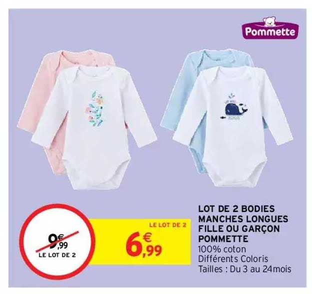 lot de 2 bodies manches longues fille ou garçon pommette
