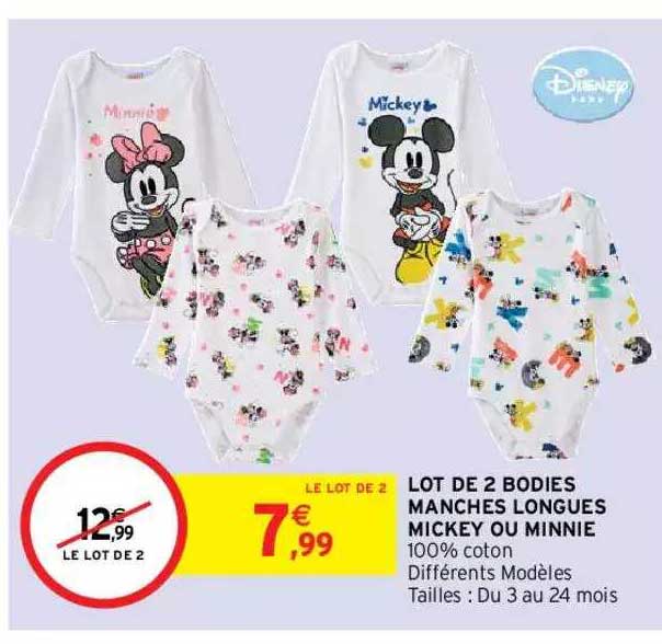 lot de 2 bodies manches longues mickey ou minnie