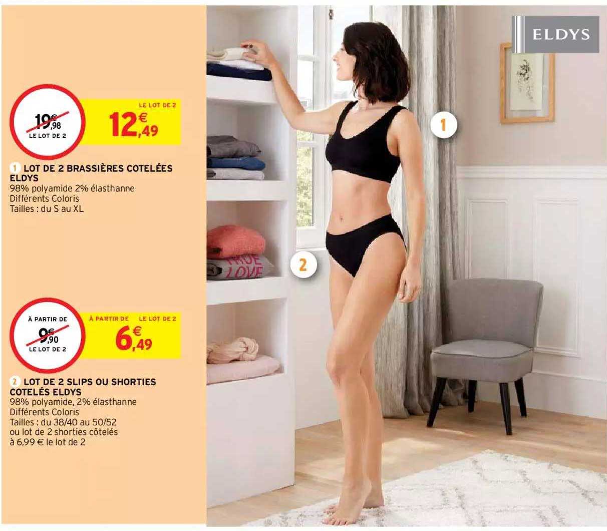 lot de 2 brassières côtelées eldys, lot de 2 slips ou shorties côtelés eldys