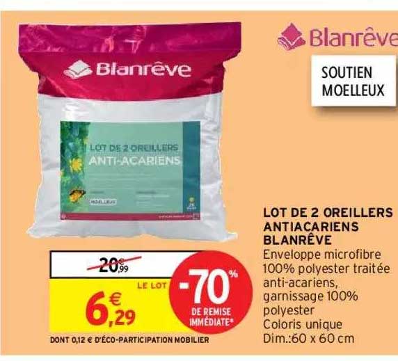 Lot De 2 Oreillers Antiacariens Blanrêve