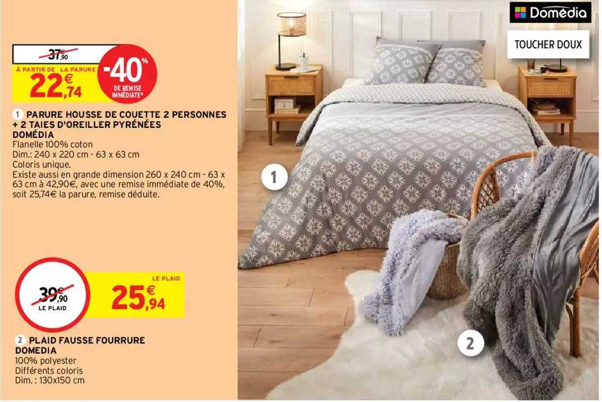 parure housse de couette 2 personnes + 2 taies d'oreiller pyrénées domédia, plaid fausse fourrure domédia