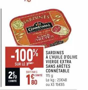 sardines à l'huile d'olive vierge extra sans arêtes connétable