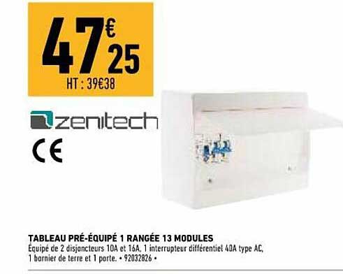 tableau pré-équipé 1 rangée 13 modules zenitech