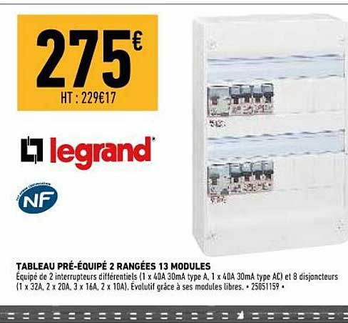 tableau pré-équipé 2 rangées 13 modules legrand