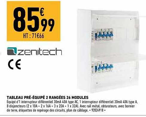 tableau pré-équipé 2 rangées 26 modules zenitech