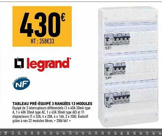 tableau pré-équipé 3 rangées 13 modules legrand