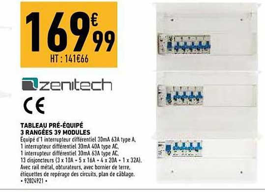 tableau pré-équipé 3 rangées 39 modules zenitech