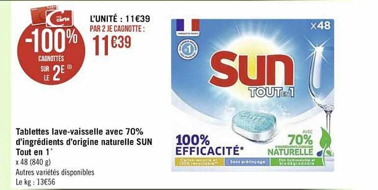 tablettes lave-vaisselle avec 70% d'ingrédients d'origine naturelle sun tout en 1