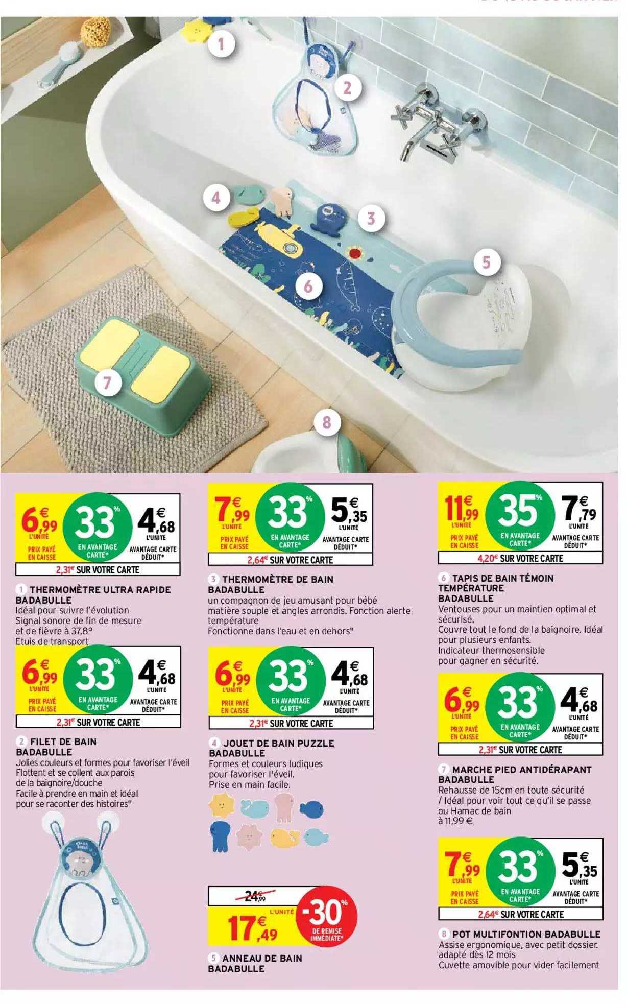 thermomètre ultra rapide badabulle, thermomètre de bain, tapis de bain témoin température, filet de bain, jouet de bain puzzle, marche pied antidérapant, anneau de bain, pot multifonction badabulle