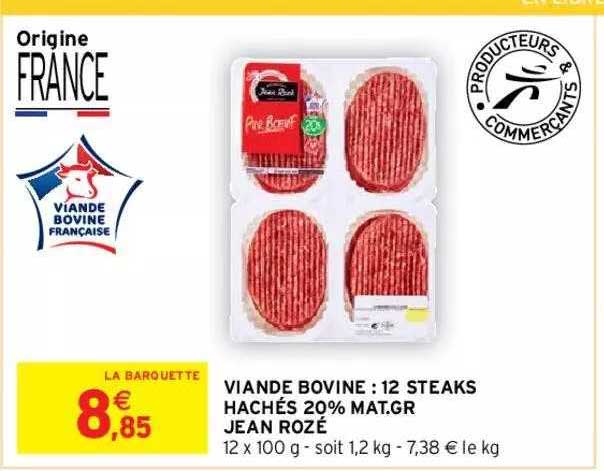 viande bovine : 12 steaks hachés 20% mat. gr. jean rozé