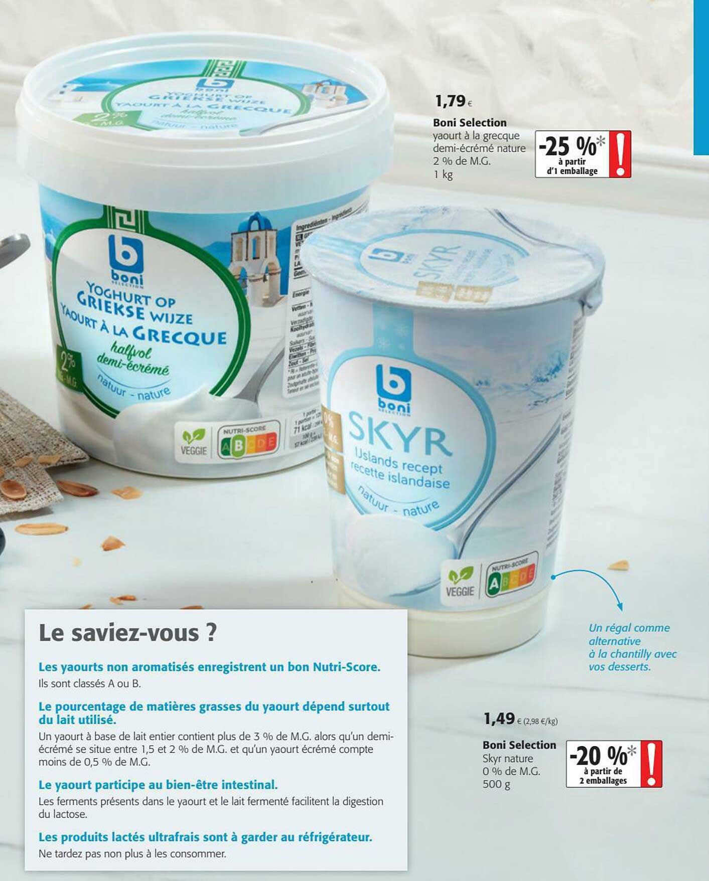 yaourt à la grecque demi-écrémé nature boni sélection, skyr nature boni sélection