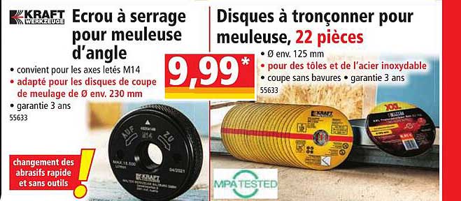 écrou à serrage pour meuleuse d'angle kraft werkzeuge, disques à tronçonner pour meuleuse, 22 pièces