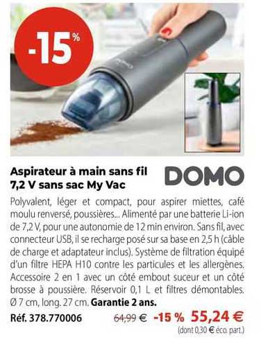 aspirateur à main sans fil 7,2 v sans sac my vac domo