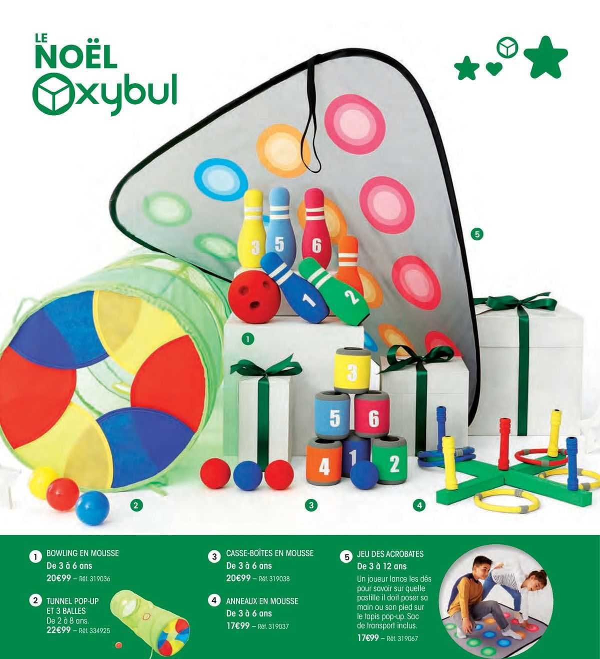 bowling en mousse, tunnel pop-up et 3 balles, casse-boîtes en mousse, anneaux en mousse, jeu des acrobates