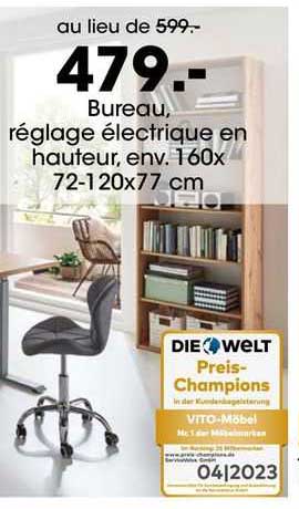 bureau réglage électrique en hauteur env. 160 x 72-120 x 77 cm
