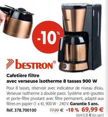 cafetière filtre avec verseuse isotherme 8 tasses 900 w bestron