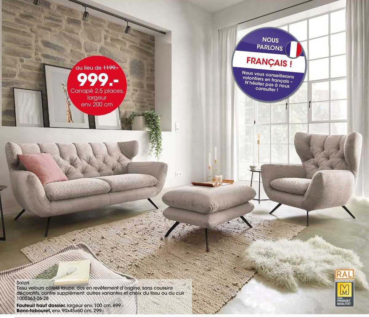 canapé 2,5 places largeur env. 200 cm