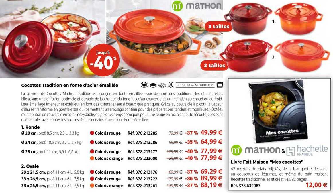 cocottes tradition en fonte d'acier émaillée mathon, livre fait maison "mes cocottes" mathon & hachette pratique