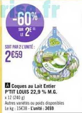 coques au lait entier p'tit louis 22,9% m.g.