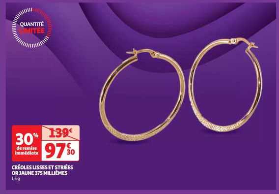 créoles lisses et striées or jaune 375 millièmes