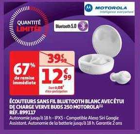 écouteurs sans fil bluetooth blanc avec étui de charge verve buds 250 motorola