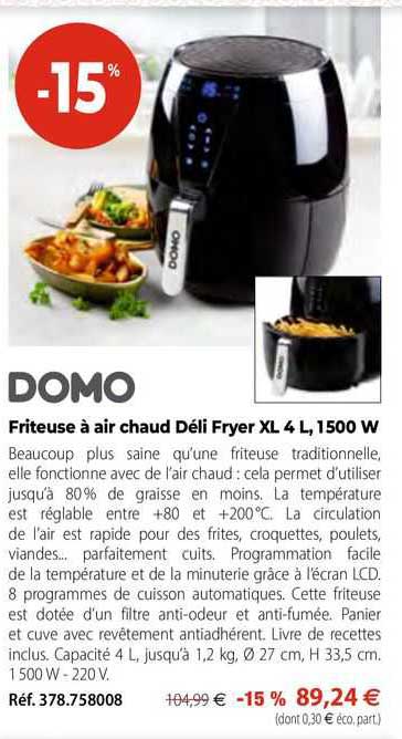 friteuse à air chaud déli fryer xl 4 l, 1500 w domo
