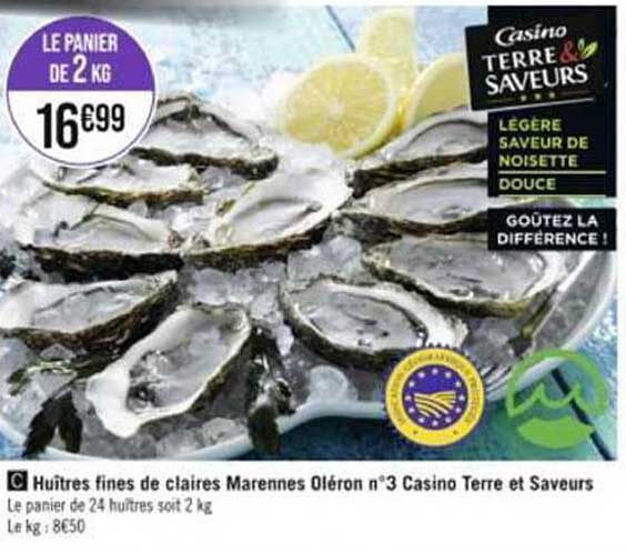 huîtres fines de claires marennes oléron n°3 casino terre et saveurs
