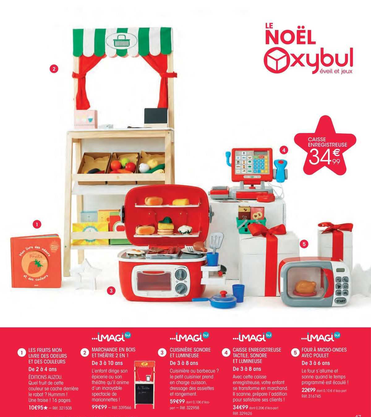 les fruits mon livre des odeurs et des couleurs, marchande en bois et théatre 2 en 1 imagi bul, cuisinière sonore et lumineuse, caisse enregistreuse tactile sonore et lumineuse, four à micro-ondes