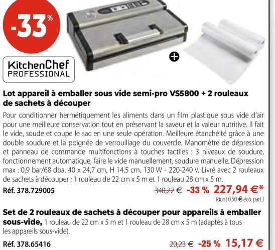 lot appareil à emballer sous vide semi-pro vs5800 + 2 rouleaux de sachets à découper kitchen chef professional