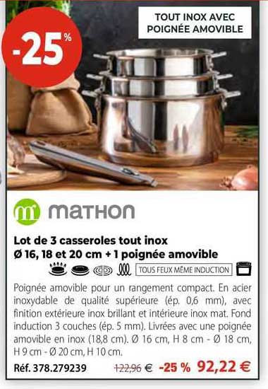Lot De 3 Casseroles Tout Inox ø 16, 18 Et 20 Cm + 1 Poignée Amovible Mathon