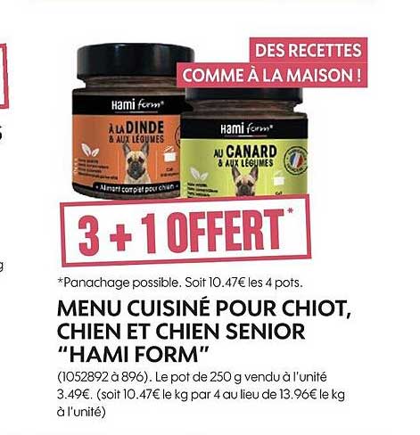 menu cuisiné pour chiot, chien et chien senior "hami form"